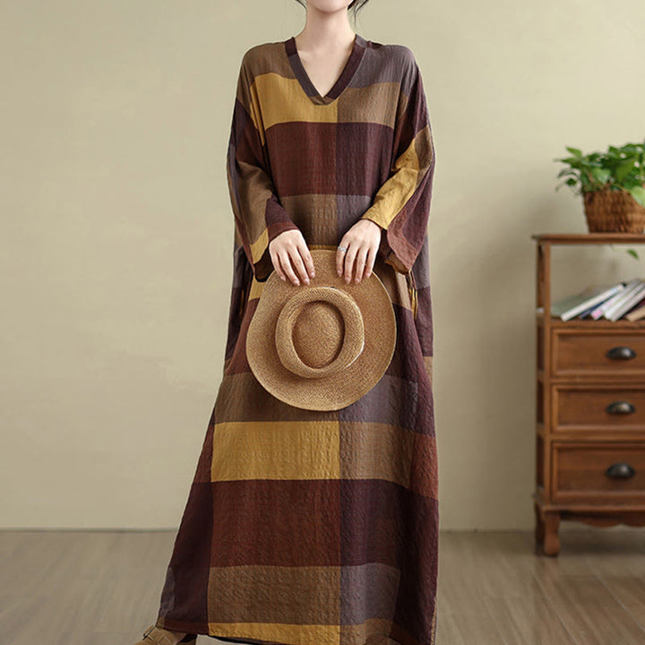 Robe longue en coton et lin à carreaux épissés Buddha Stones pour femme avec poches - SaddleBrown - US4-12, UK/AU8-16, EU36-44 (F) - image 1