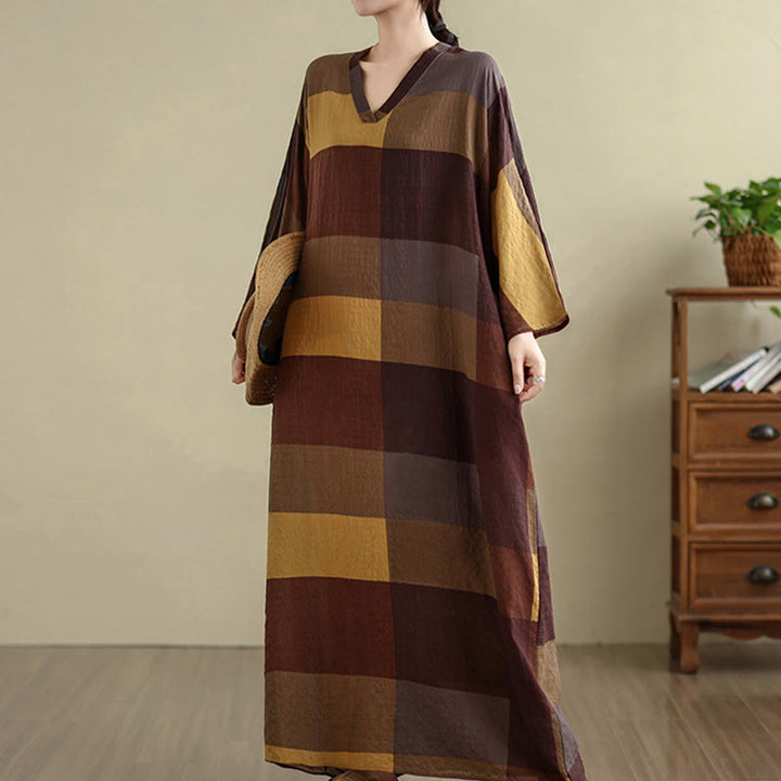 Robe longue en coton et lin à carreaux épissés Buddha Stones pour femme avec poches - image 4
