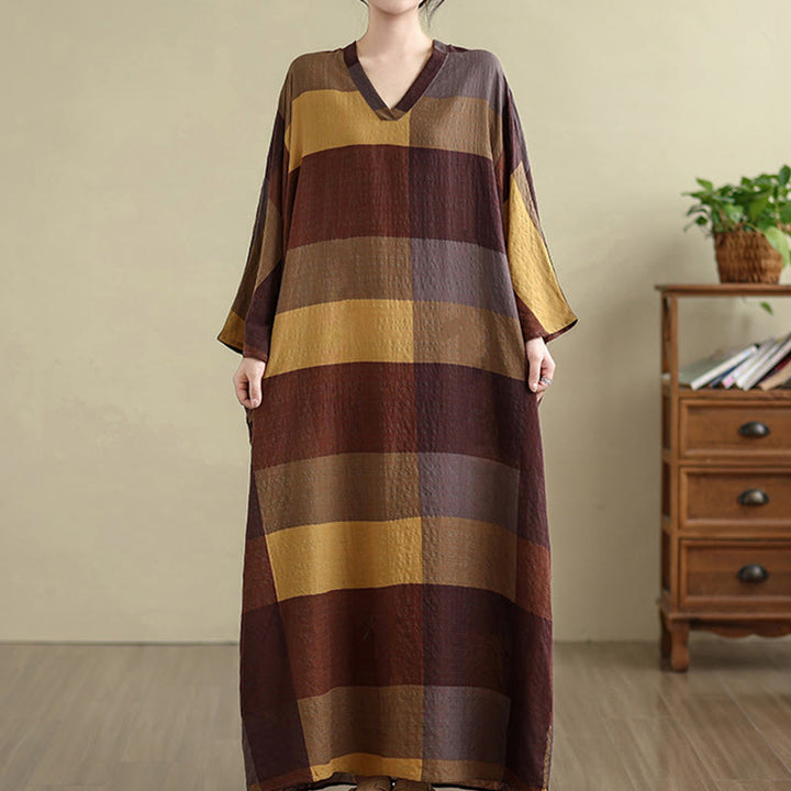 Robe longue en coton et lin à carreaux épissés Buddha Stones pour femme avec poches - image 3