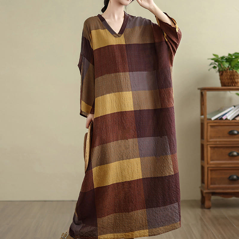 Robe longue en coton et lin à carreaux épissés Buddha Stones pour femme avec poches - image 5