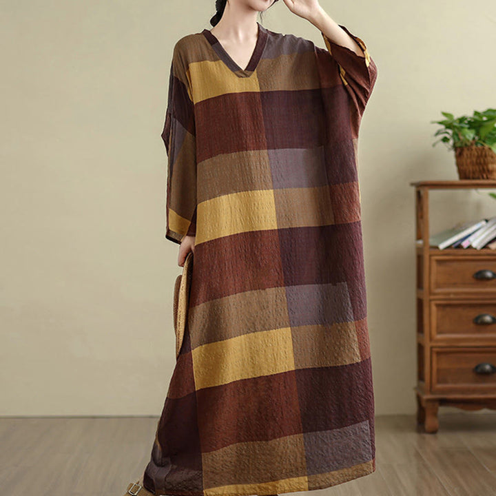 Robe longue en coton et lin à carreaux épissés Buddha Stones pour femme avec poches - image 5