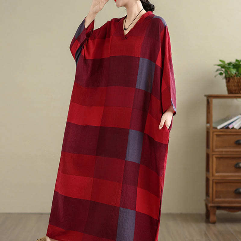 Robe longue en coton et lin à carreaux épissés Buddha Stones pour femme avec poches - image 9