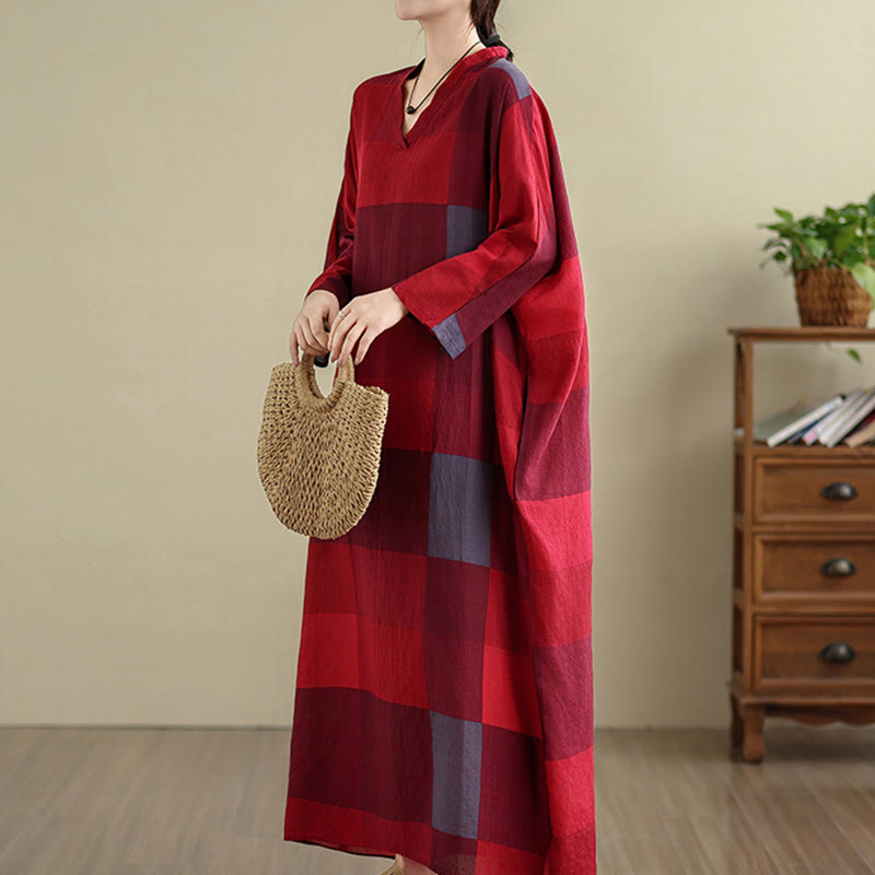 Robe longue en coton et lin à carreaux épissés Buddha Stones pour femme avec poches - image 11