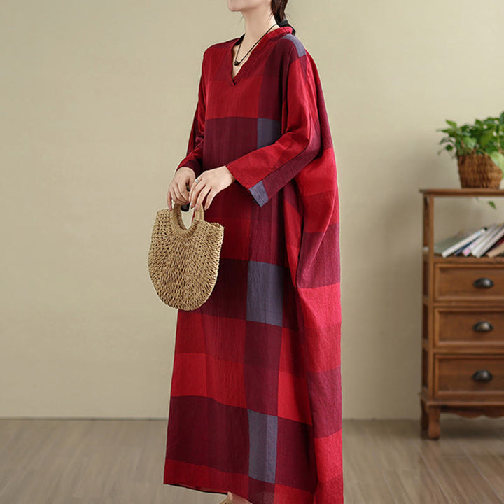 Robe longue en coton et lin à carreaux épissés Buddha Stones pour femme avec poches - image 11