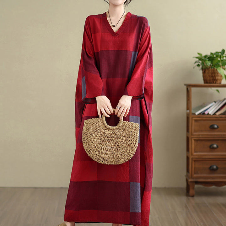 Robe longue en coton et lin à carreaux épissés Buddha Stones pour femme avec poches - Brique réfractaire - US4-12, UK/AU8-16, EU36-44 (F) - image 6