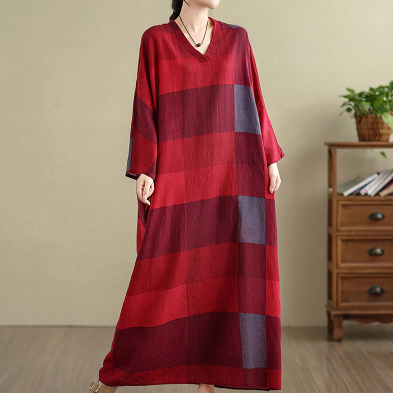 Robe longue en coton et lin à carreaux épissés Buddha Stones pour femme avec poches - image 12