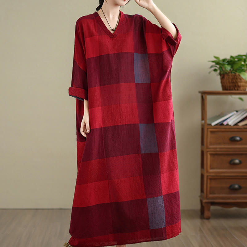 Robe longue en coton et lin à carreaux épissés Buddha Stones pour femme avec poches - image 13