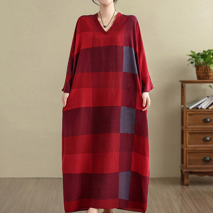 Robe longue en coton et lin à carreaux épissés Buddha Stones pour femme avec poches - image 8