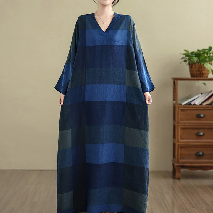 Robe longue en coton et lin à carreaux épissés Buddha Stones pour femme avec poches - image 19