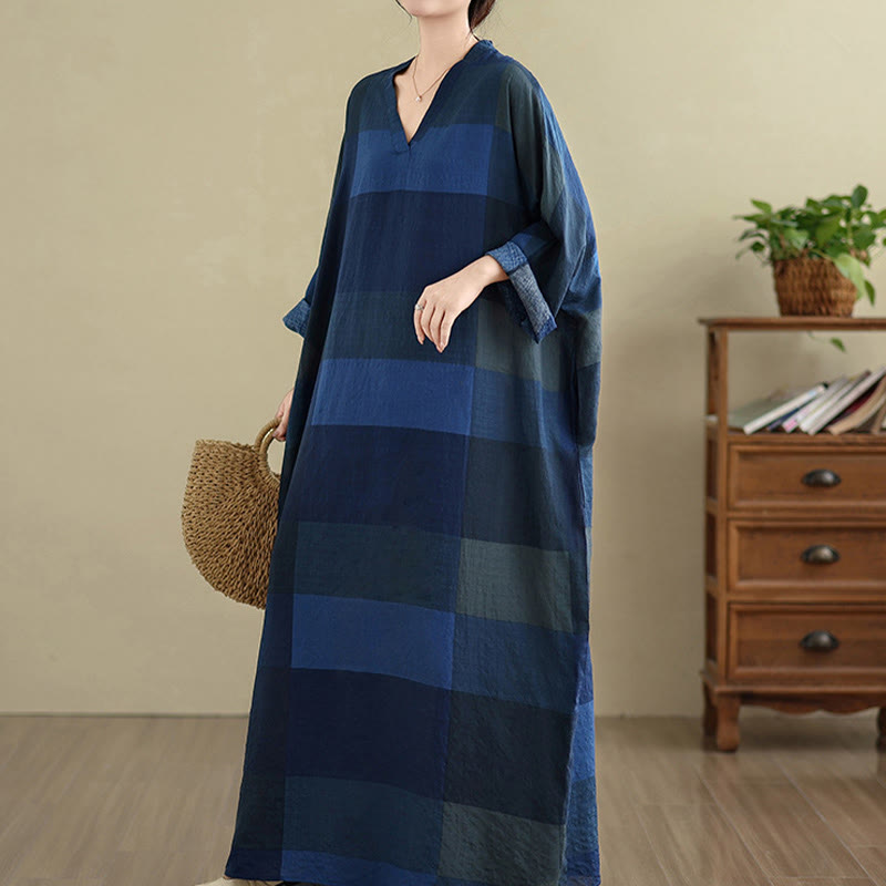 Robe longue en coton et lin à carreaux épissés Buddha Stones pour femme avec poches - image 21