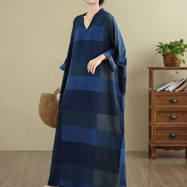 Robe longue en coton et lin à carreaux épissés Buddha Stones pour femme avec poches - image 21