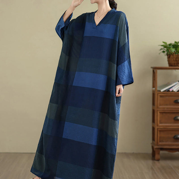 Robe longue en coton et lin à carreaux épissés Buddha Stones pour femme avec poches - image 20