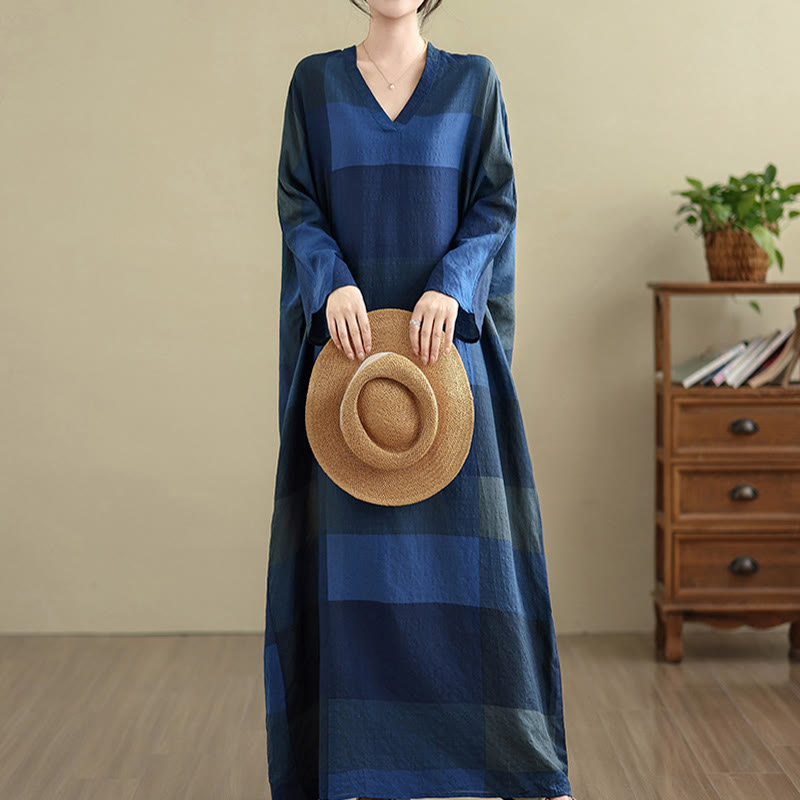 Robe longue en coton et lin à carreaux épissés Buddha Stones pour femme avec poches - Bleu nuit - US4-12, UK/AU8-16, EU36-44 (F) - image 17