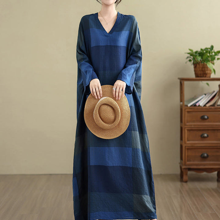Robe longue en coton et lin à carreaux épissés Buddha Stones pour femme avec poches - Bleu nuit - US4-12, UK/AU8-16, EU36-44 (F) - image 17