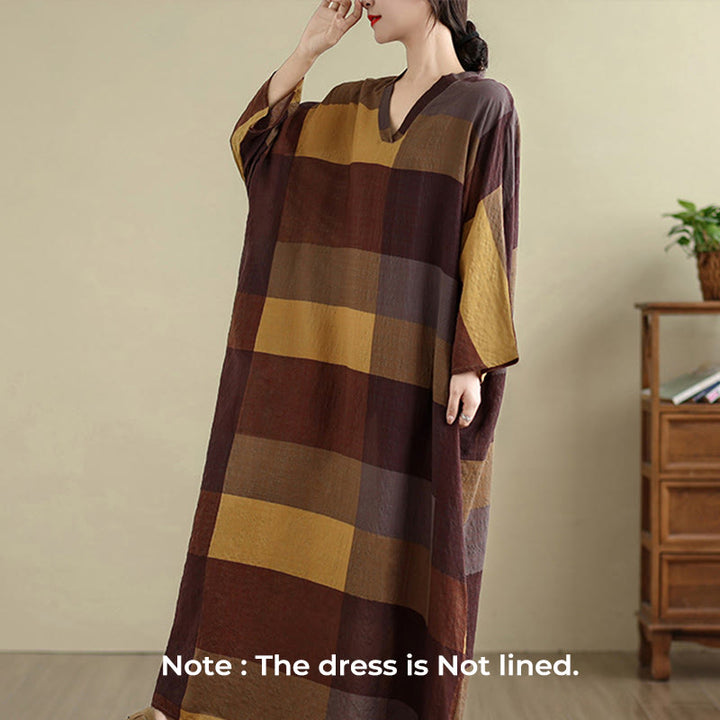 Robe longue en coton et lin à carreaux épissés Buddha Stones pour femme avec poches - image 2