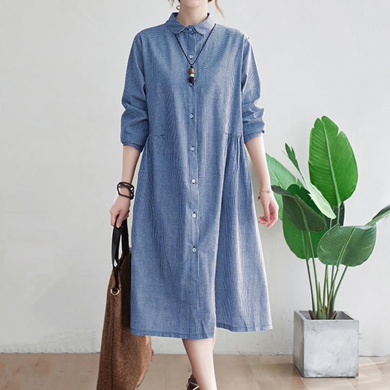 Robe midi en coton et lin à petits motifs de Buddha Stones et poches pour femme - BleuetBleu - US8-10，UK/AU12-14，EU40-42 (2XL) - image 1