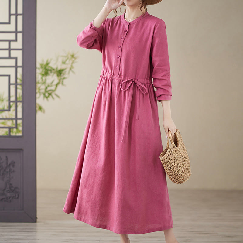Robe mi-longue décontractée en coton et lin à lacets et col ras du cou avec poches Buddha Stones - Violet pâle Rouge - US8-10，UK/AU12-14，EU40-42 (2XL) - image 1