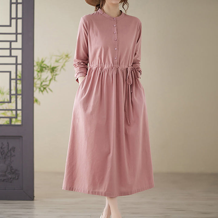 Robe mi-longue décontractée en coton et lin à lacets et col ras du cou avec poches Buddha Stones - Rose - US8-10，UK/AU12-14，EU40-42 (2XL) - image 12