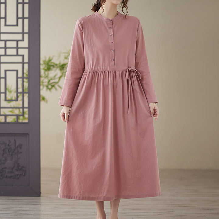 Robe mi-longue décontractée en coton et lin à lacets et col ras du cou avec poches Buddha Stones - image 16