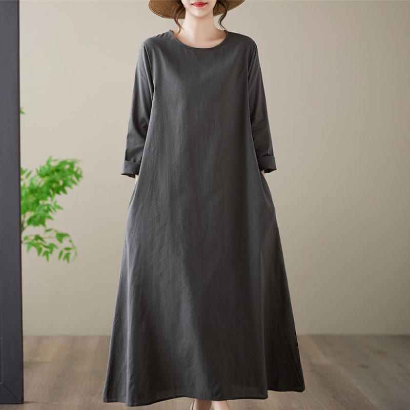 Robe midi décontractée en coton et lin à col ras du cou et poches Buddha Stones - Gris sombre - US14，UK/AU18，EU46 (3XL) - image 0