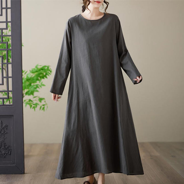 Robe midi décontractée en coton et lin à col ras du cou et poches Buddha Stones - image 3