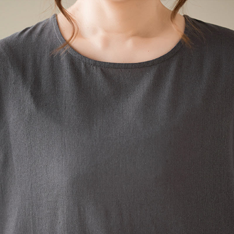 Robe midi décontractée en coton et lin à col ras du cou et poches Buddha Stones - image 10