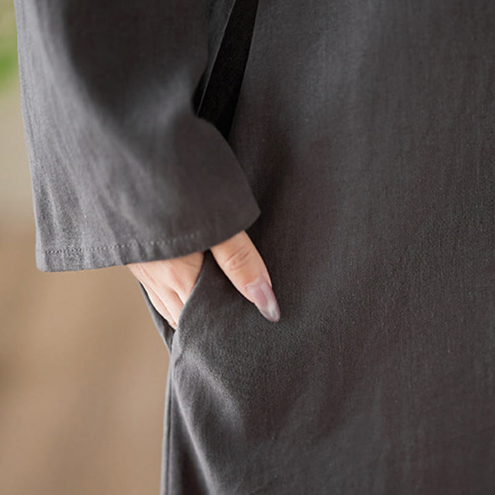 Robe midi décontractée en coton et lin à col ras du cou et poches Buddha Stones - image 9