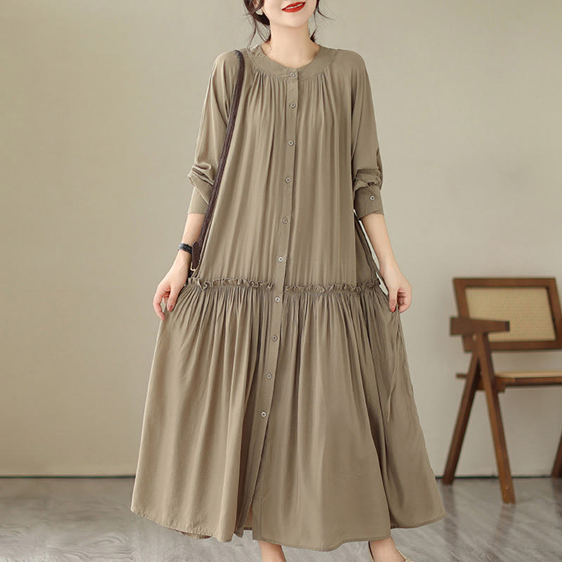 Robe midi décontractée en polyester plissé à col ras du cou et poches Buddha Stones - Tanné - US4-6, UK/AU8-10, EU36-38 (F) - image 1