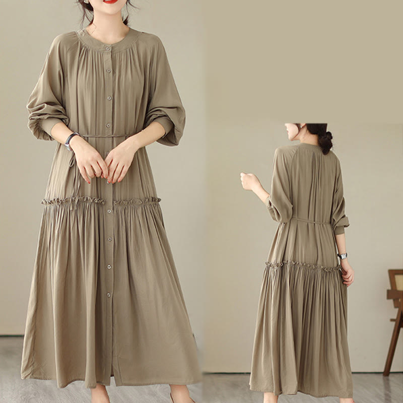 Robe midi décontractée en polyester plissé à col ras du cou et poches Buddha Stones - image 6