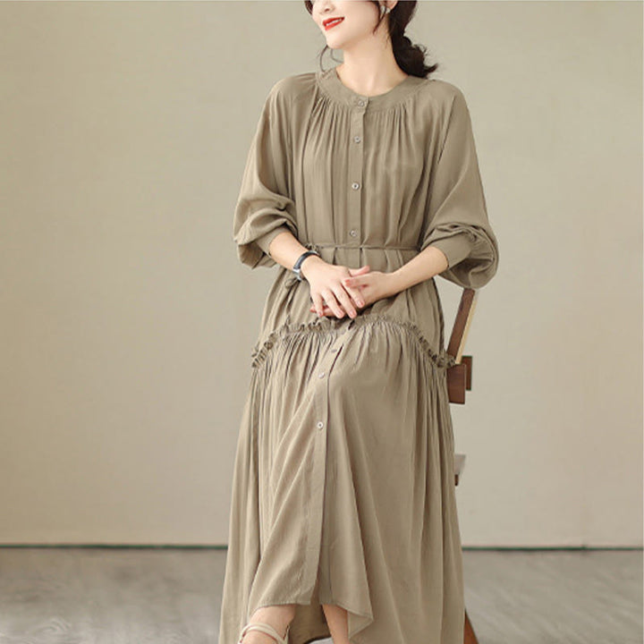 Robe midi décontractée en polyester plissé à col ras du cou et poches Buddha Stones - image 5