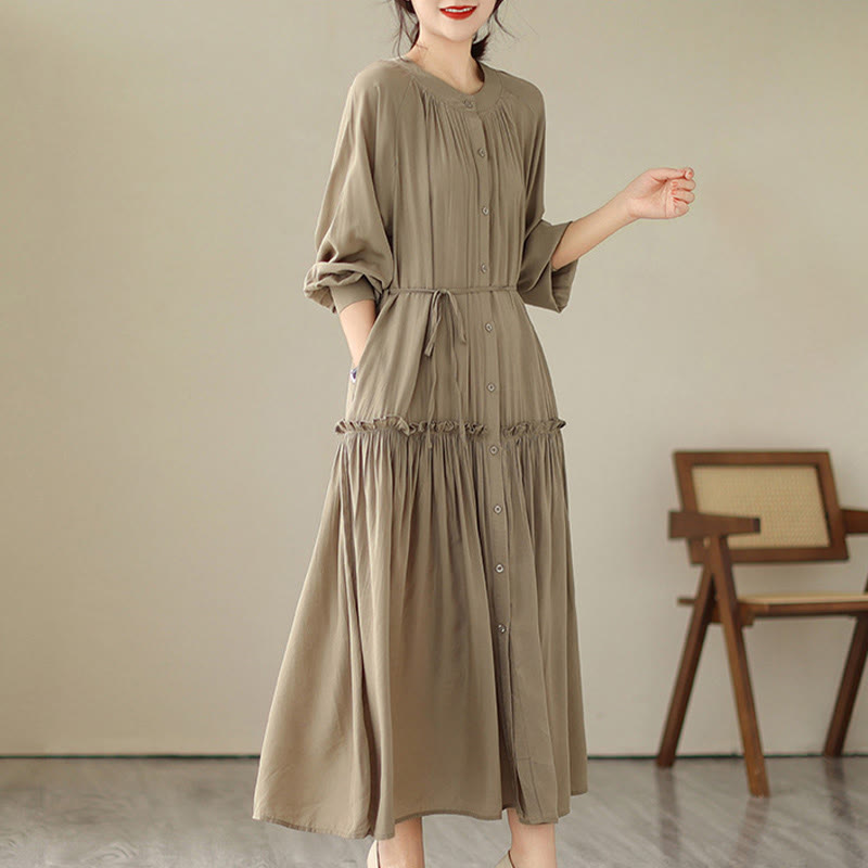 Robe midi décontractée en polyester plissé à col ras du cou et poches Buddha Stones - image 4