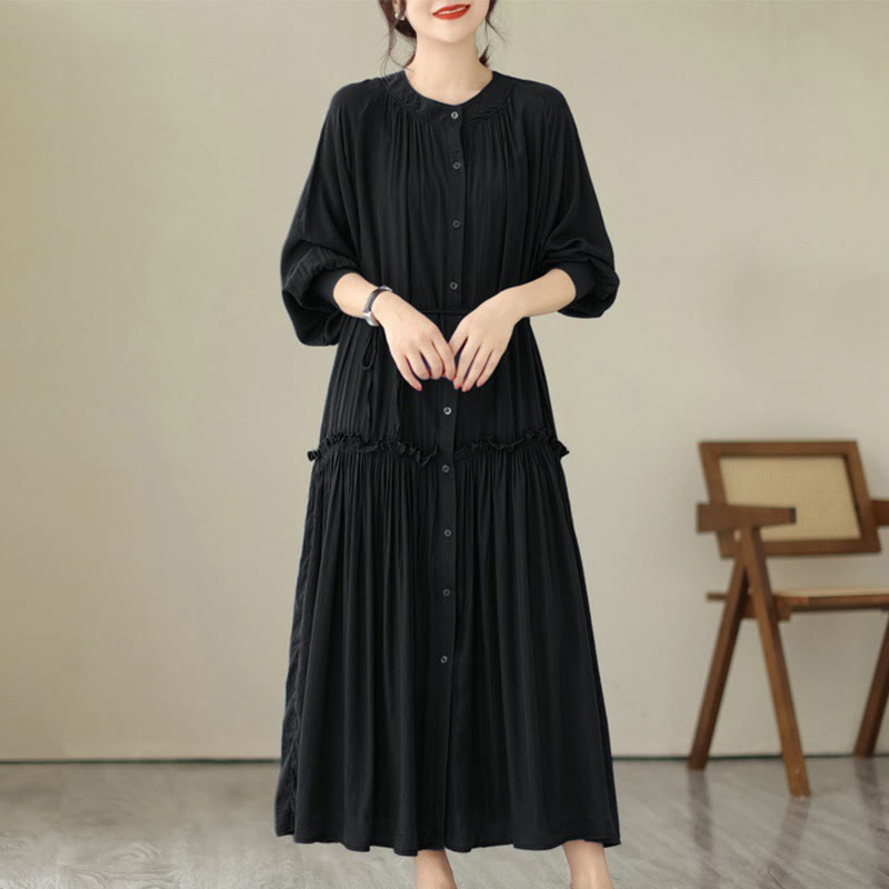 Robe midi décontractée en polyester plissé à col ras du cou et poches Buddha Stones - Noir - US4-6, UK/AU8-10, EU36-38 (F) - image 7
