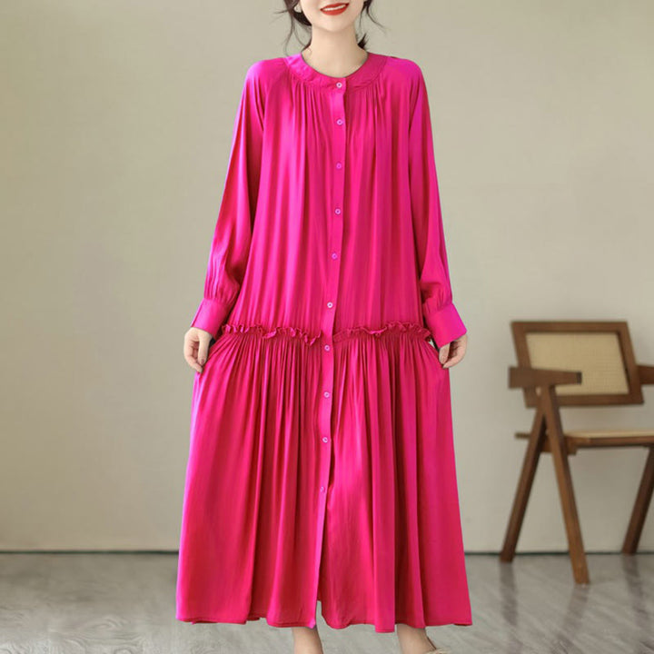 Robe midi décontractée en polyester plissé à col ras du cou et poches Buddha Stones - Rose foncé - US4-6，UK/AU8-10，EU36-38 (F) - image 8