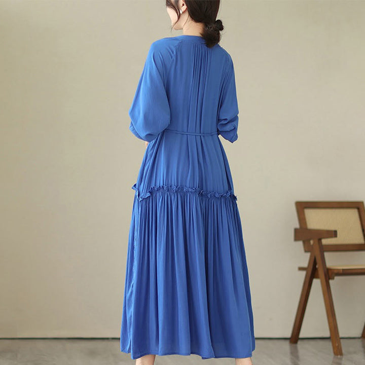 Robe midi décontractée en polyester plissé à col ras du cou et poches Buddha Stones - image 15