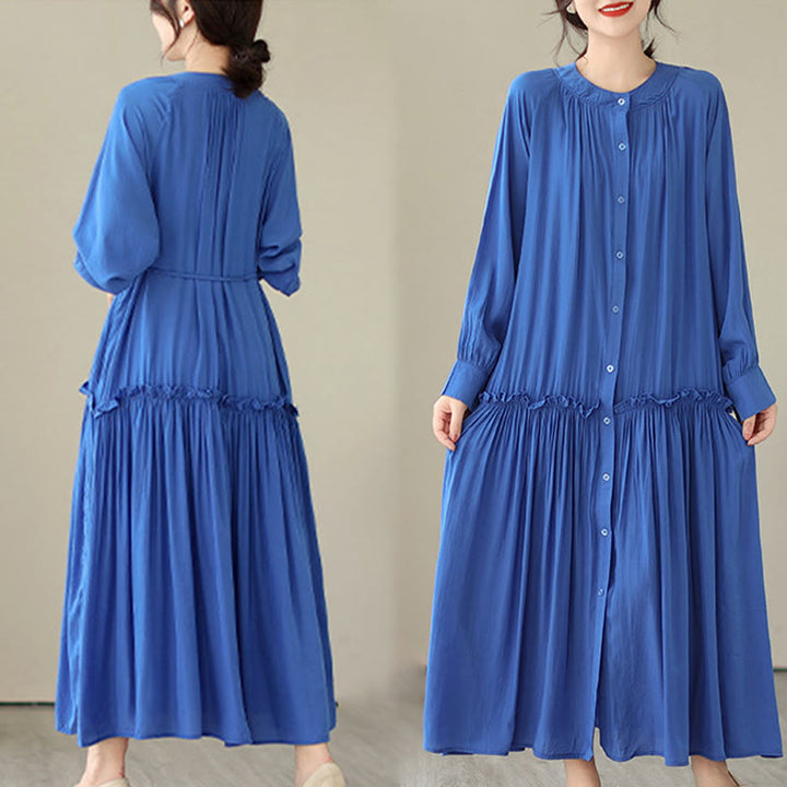 Robe midi décontractée en polyester plissé à col ras du cou et poches Buddha Stones - image 17