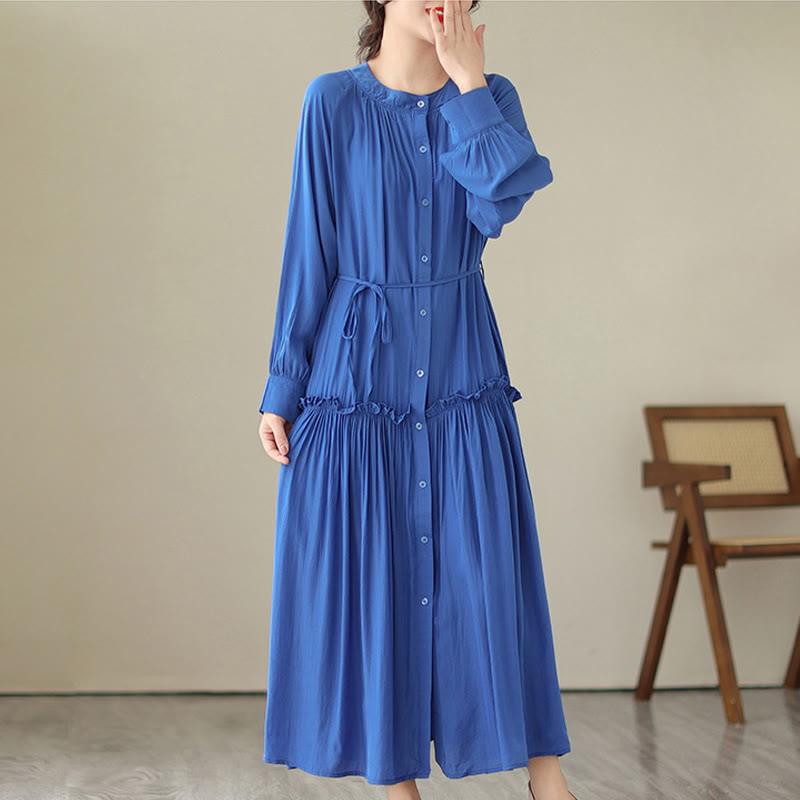 Robe midi décontractée en polyester plissé à col ras du cou et poches Buddha Stones - image 13