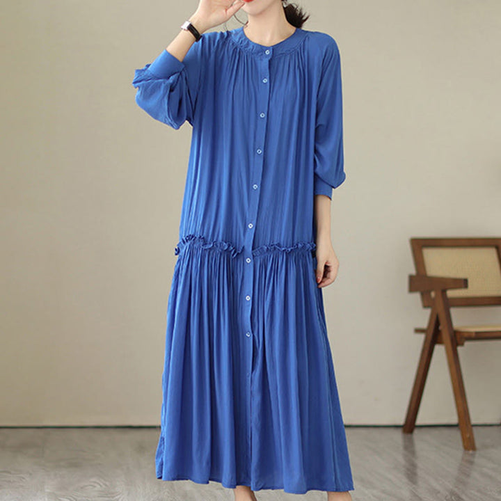 Robe midi décontractée en polyester plissé à col ras du cou et poches Buddha Stones - image 16
