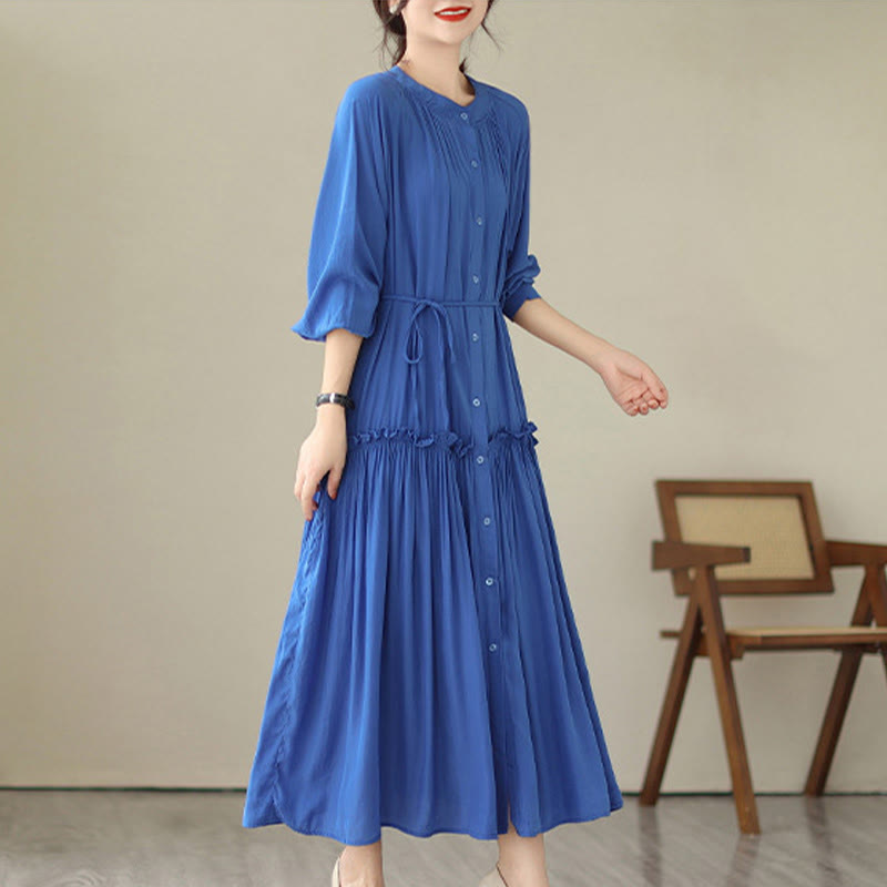 Robe midi décontractée en polyester plissé à col ras du cou et poches Buddha Stones - image 14
