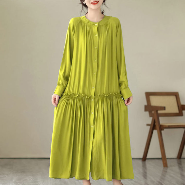Robe midi décontractée en polyester plissé à col ras du cou et poches Buddha Stones - JauneVert - US4-6, UK/AU8-10, EU36-38 (F) - image 24