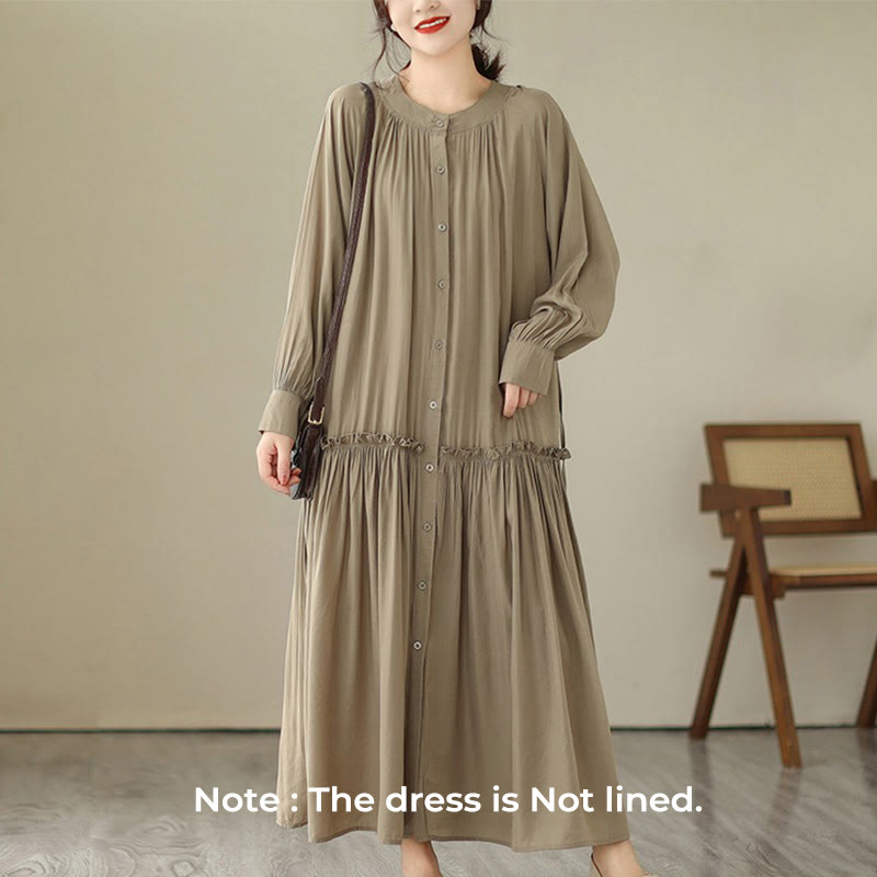 Robe midi décontractée en polyester plissé à col ras du cou et poches Buddha Stones - image 2