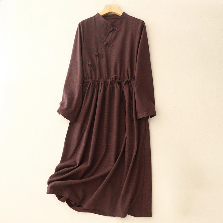 Robe midi décontractée en coton uni à boutons grenouille et poches Buddha Stones - Rouge foncé - US8-10，UK/AU12-14，EU40-42 (2XL) - image 0