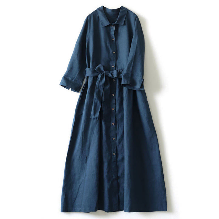 Robe midi décontractée en lin à lacets et col montant avec poches Buddha Stones - Bleu foncé - US8-10，UK/AU12-14，EU40-42 (2XL) - image 1