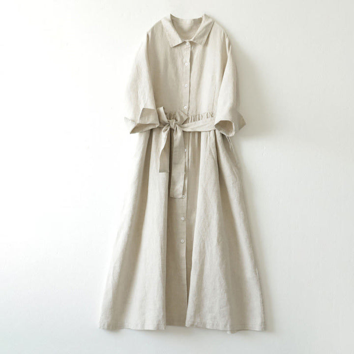 Robe midi décontractée en lin à lacets et col montant avec poches Buddha Stones - Beige - US8-10，UK/AU12-14，EU40-42 (2XL) - image 9