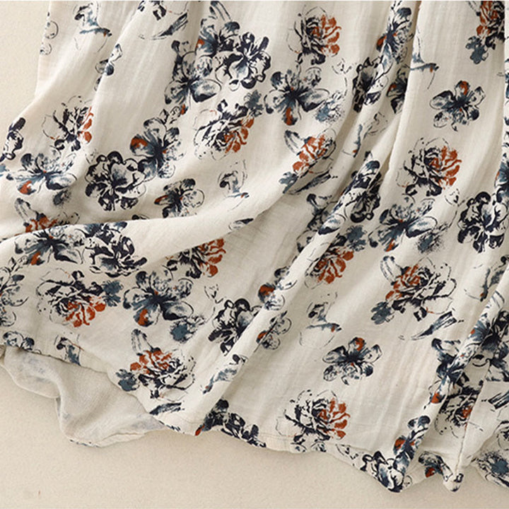Robe mi-longue décontractée en coton et lin à petits motifs floraux et col ras du cou avec poches - image 10