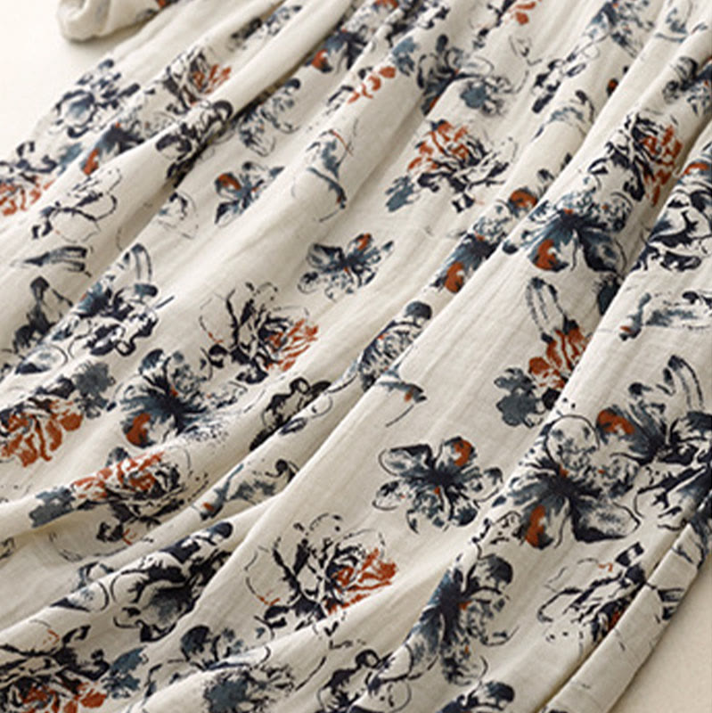 Robe mi-longue décontractée en coton et lin à petits motifs floraux et col ras du cou avec poches - image 9