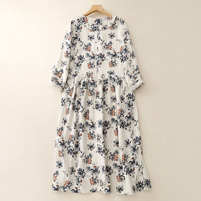 Robe mi-longue décontractée en coton et lin à petits motifs floraux et col ras du cou avec poches - image 3