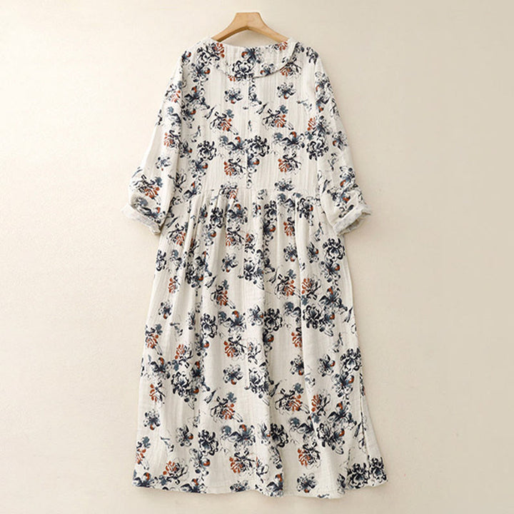 Robe mi-longue décontractée en coton et lin à petits motifs floraux et col ras du cou avec poches - image 3