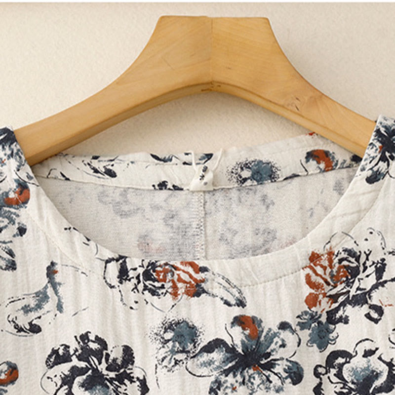 Robe mi-longue décontractée en coton et lin à petits motifs floraux et col ras du cou avec poches - image 4