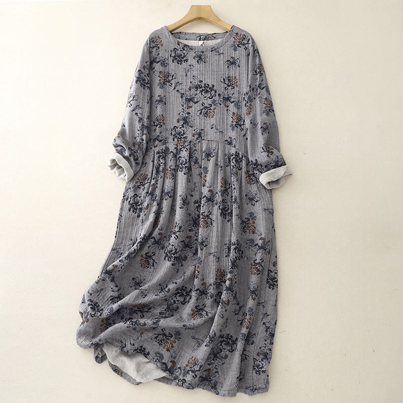 Robe mi-longue décontractée en coton et lin à petits motifs floraux et col ras du cou avec poches - Gris - US8-10，UK/AU12-14，EU40-42 (2XL) - image 12