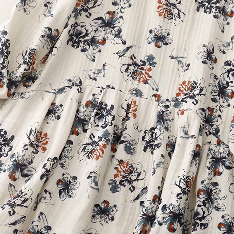 Robe mi-longue décontractée en coton et lin à petits motifs floraux et col ras du cou avec poches - image 8